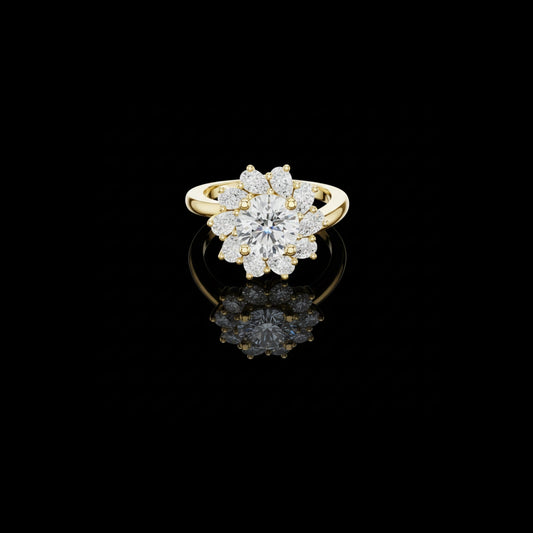 1.5 CT Classic Floral Crown Round Moissanite Diamond Ring in Gold with Petal Cluster Halo For Her