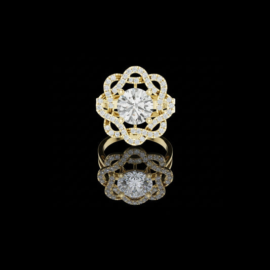 2.00 CT Interlaced Pave Petal Design Round Brilliant Lab Diamond Ring with Floral Halo Motif