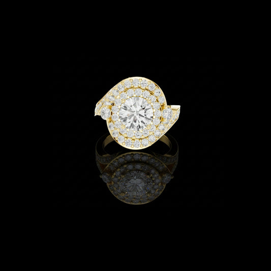 1.5 CT Layered Halo Disc Round Lab Diamond Ring in Gold With Pave Set Statement Band For Her