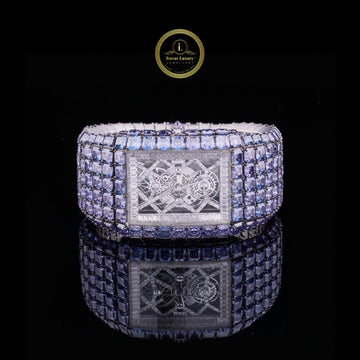 Full Iced Baguette and Princess-Cut Blue Moissanite Diamond Watch in White Gold – Where Innovation Meets Luxury by Ivevar