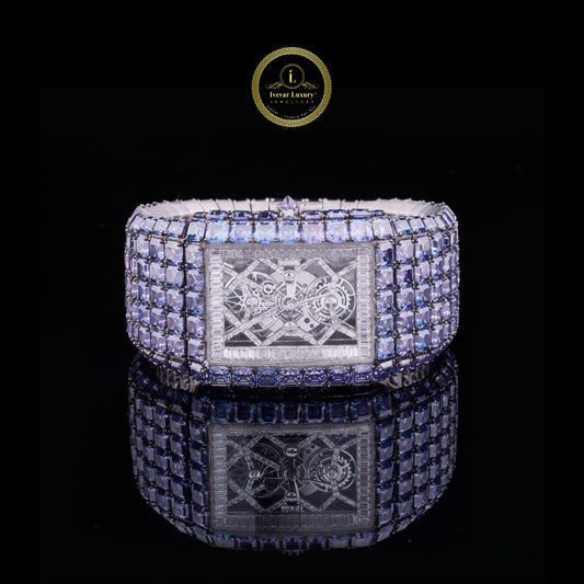 Full Iced Baguette and Princess-Cut Blue Moissanite Diamond Watch in White Gold – Where Innovation Meets Luxury by Ivevar