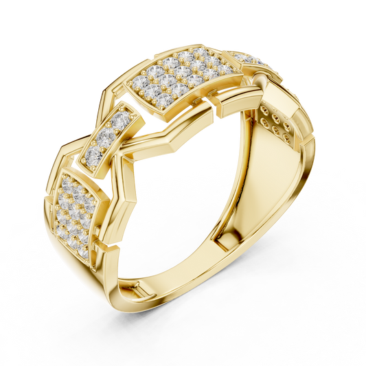 Round Cut Moissanite Diamond Men's Rectangular Pave Openwork Gold Ring