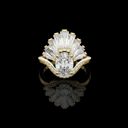 Oval Moissanite Diamond Art Deco Ring With Tapered Baguette Side Stones