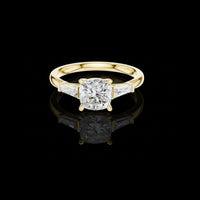 Cushion Cut Lab Grown Three Stone Engagement Ring with Baguette Accents