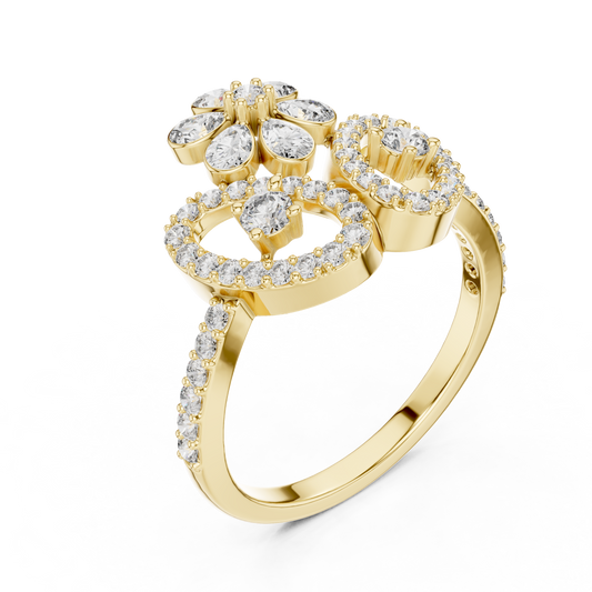 Round Cut Floral Halo Lab Diamond Ring Pear Accent Petals