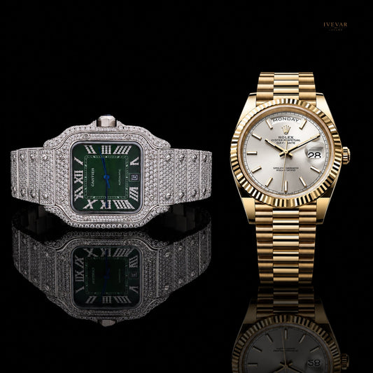 Premium Fashion Watch Pair Diamond Luxury Green Face Watch And Day-Date Plain Watch