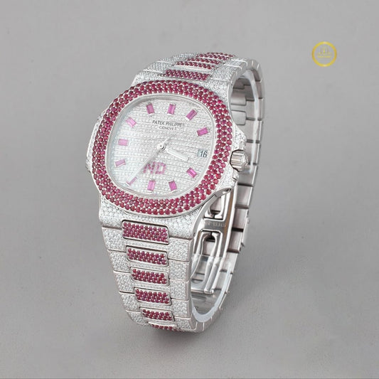 Full Iced Out Diamond Watch with Ruby Bezel & Pink Baguette Dial Markers