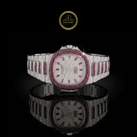 Full Iced Out Diamond Watch with Ruby Bezel & Pink Baguette Dial Markers