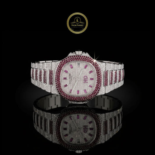 Full Iced Out Diamond Watch with Ruby Bezel & Pink Baguette Dial Markers