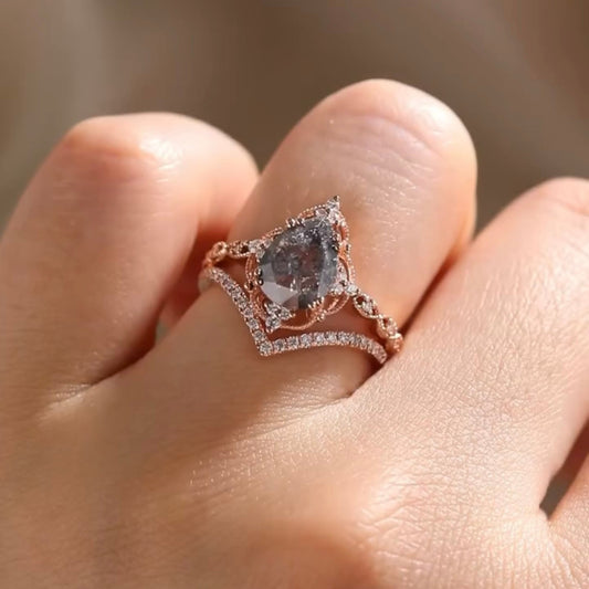 1.70 CT Vintage Inspired Lab Grown Pear Cut Salt & Pepper Diamond Ring with Pave Diamond and Chevron Band