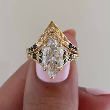 3.00 CT Classic Lab Grown Marquise Cut Diamond With Sapphire Accents Vintage Designer Ring