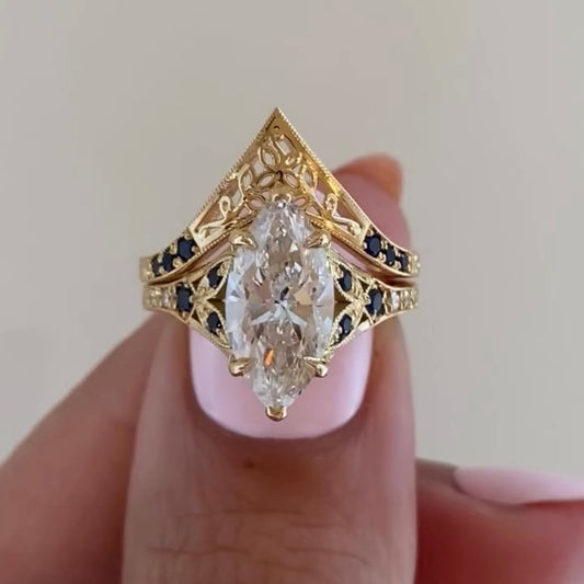 3.00 CT Classic Lab Grown Marquise Cut Diamond With Sapphire Accents Vintage Designer Ring