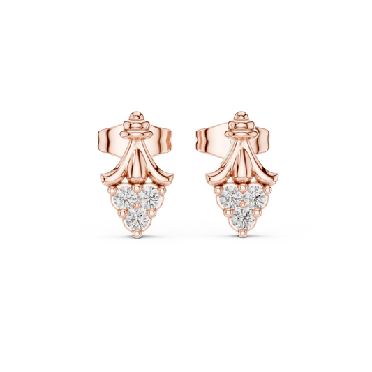 Vintage Scroll Triple Round Lab Diamond Cluster Ornate Crown Motif Stud Earrings
