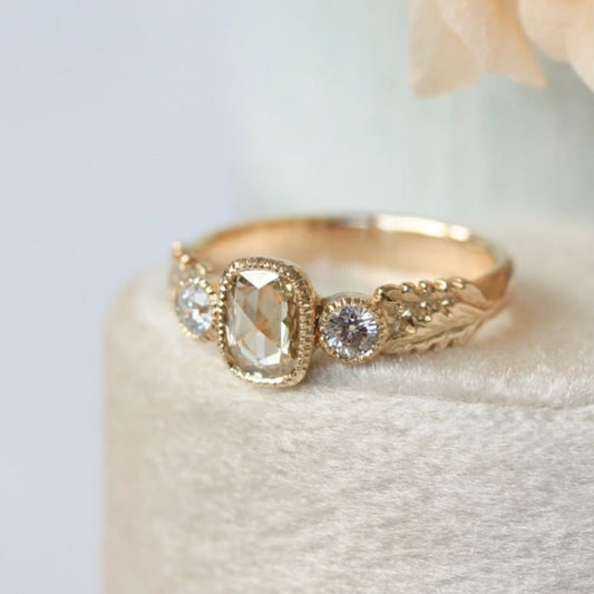 Cushion Rose Cut Vintage Three Stone Bezel Lab Grown Engagement Ring