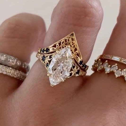 3.00 CT Classic Moissanite Marquise Cut Diamond With Sapphire Accents Vintage Designer Ring