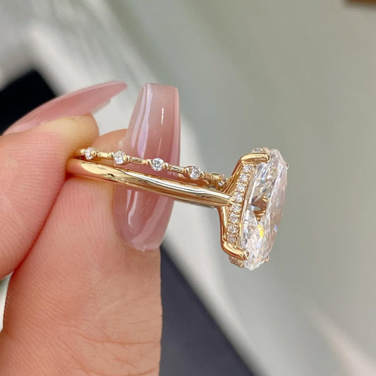Oval Lab Grown Hidden Halo Engagement Ring With Minimalist Band