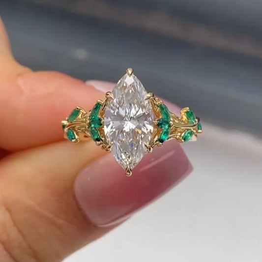Marquise Lab Grown Diamond Natural Inspire Green Side Accents Ring