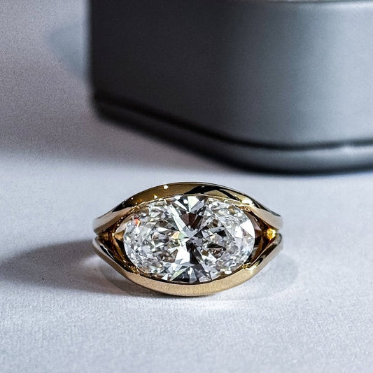 2.5 TCW Modern Moissanite Oval Cut Bezel Set East West Statement Ring
