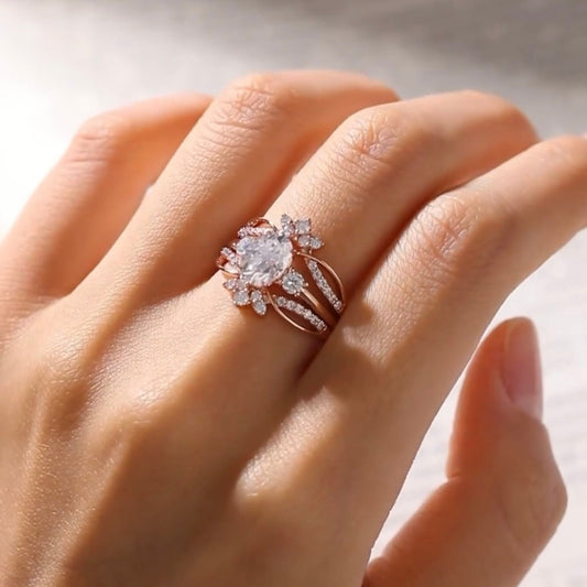 Lab Grown Oval Floral Bridal Ring Set With Side Twisted Band