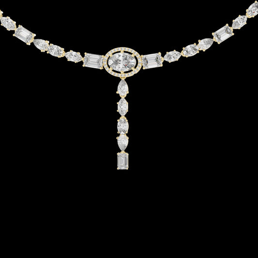 Halo Oval Moissanite Diamond Y Necklace with Mixed Cut Drop Pendant