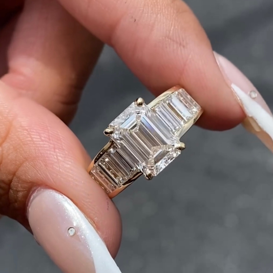 Emerald Cut Lab Grown Ring With Tapered Baguette Side Stones