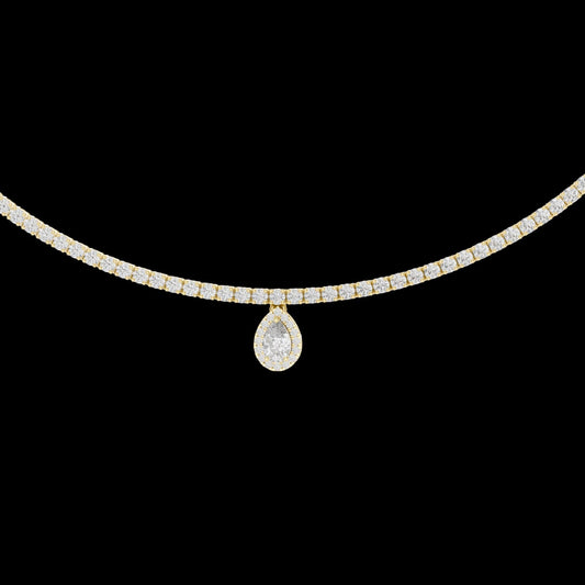 Pear Moissanite Diamond Drop Tennis Necklace with Halo Pendant
