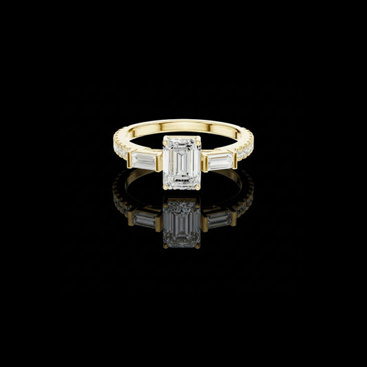Emerald with Baguette Three Stone Moissanite Diamond Engagement Ring
