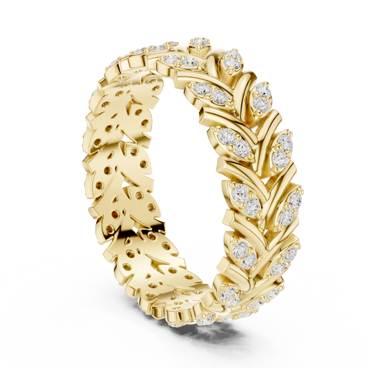 Round Cut Lab Grown Diamond Laurel Leaf Eternity Wedding Band Ring