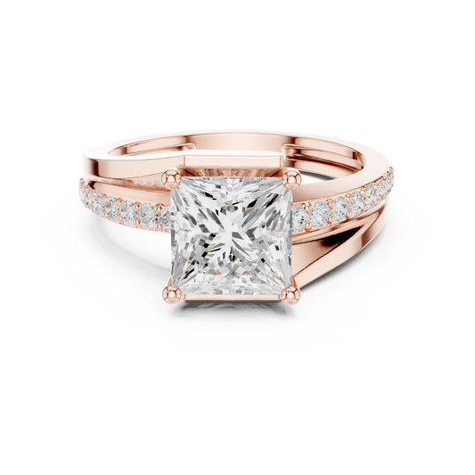 Princess Cut Split Pave Shank Moissanite Diamond Engagement Ring