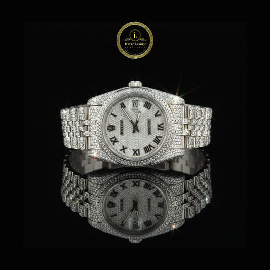 Full Iced Out White Gold Diamond Calendar Watch with Pave Dial & Roman Numerals
