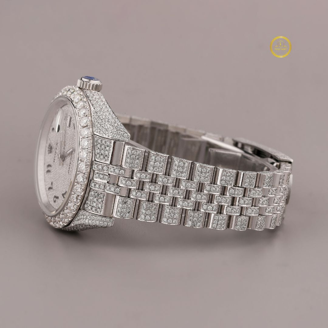Fully Iced-Out Silver Watch with Elegant Diamond Arabic Dial With 5-Link Band - View 3