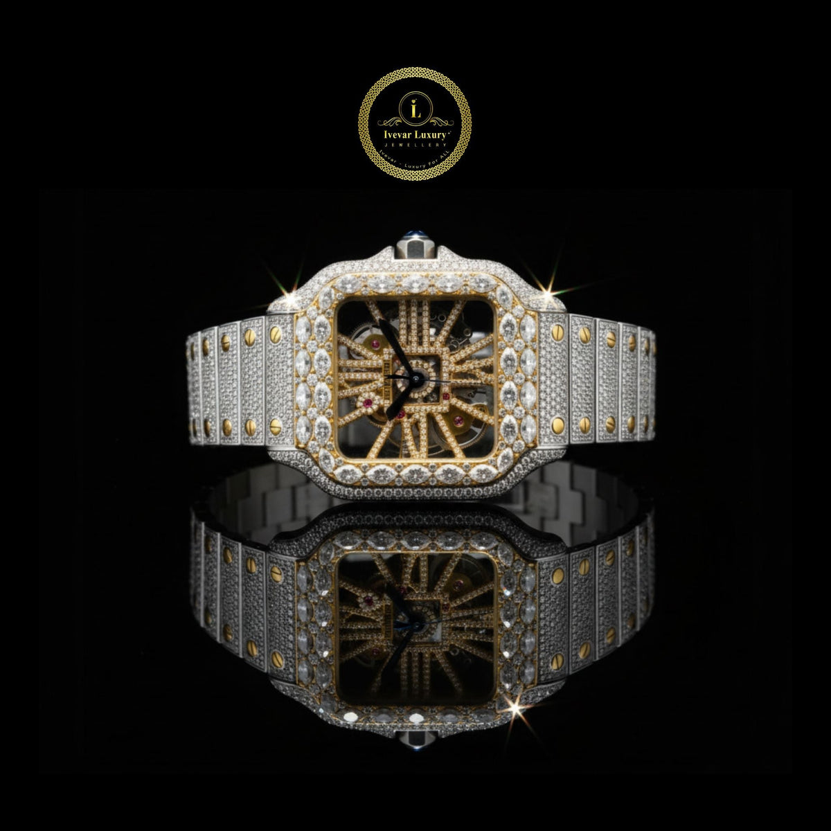 Full Iced Out Two-Tone Skeleton Square Style Watch with Diamond Band