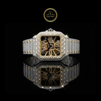 Full Iced Out Two-Tone Skeleton Square Style Watch with Diamond Band