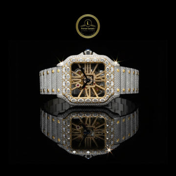 Full Iced Out Two-Tone Skeleton Square Style Watch with Diamond Band