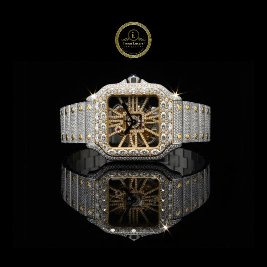 Full Iced Out Two-Tone Skeleton Square Style Watch with Diamond Band