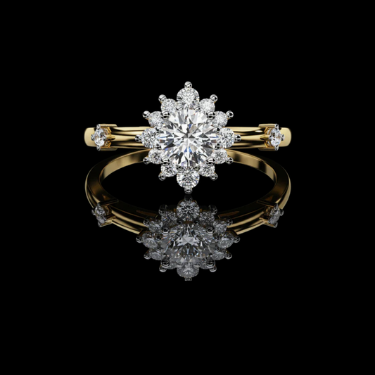 Round Cut Lab Grown Diamond Floral Halo Engagement Ring with Diamond Accents
