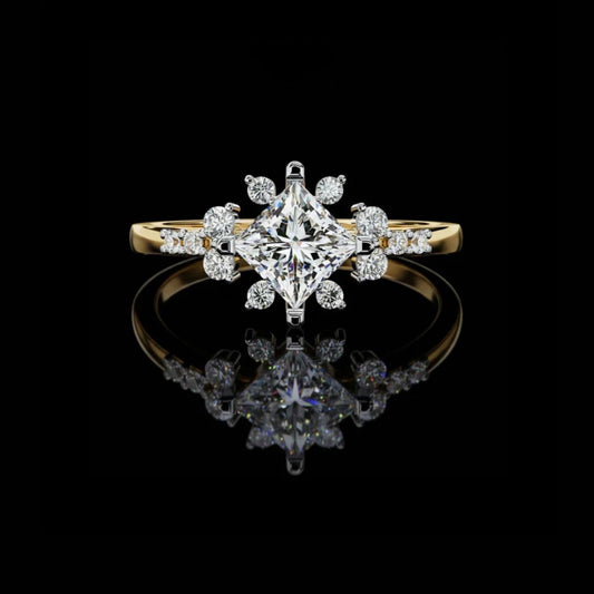 0.84 CT Radiant Princess Cut Halo Ring with Floral Lab Grown Diamond Accents Vintage Inspired Engagement Ring by Ivevar Luxury