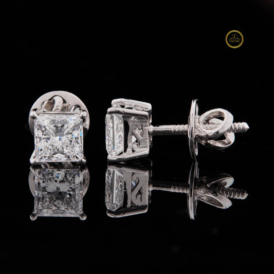 3.00 TCW Premium Princess Cut Moissanite Diamond Stud Earrings in Polished White Gold Brilliant Solitaire Design