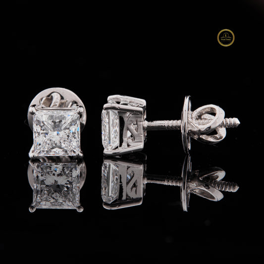 Premium Princess Cut Lab Diamond Stud Earrings in Polished White Gold Brilliant Solitaire Design