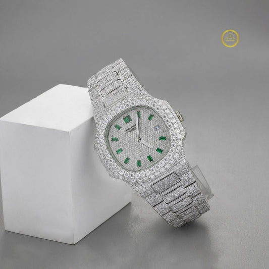 Full Iced Out Round Cut Diamond Octagonal Watch with Green Emerald-Cut Hour Markers
