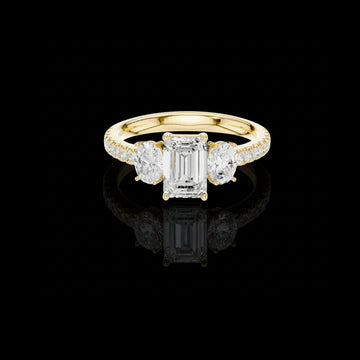 1.01 CT Heirloom Emerald Cut Three Stone Ring with Oval Side Lab Diamond Stones and Pave Band