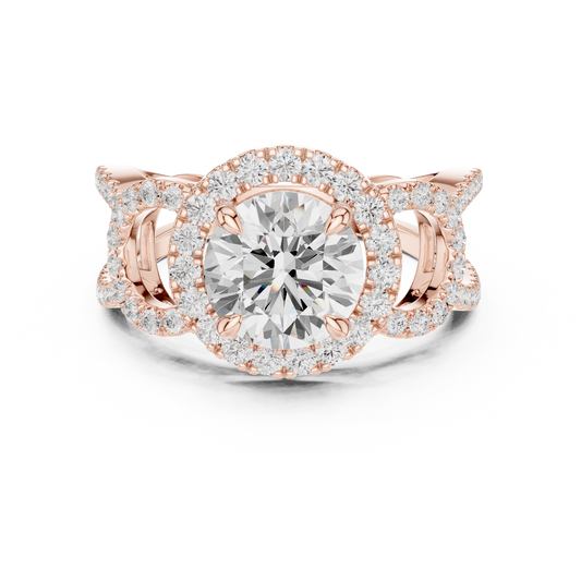 Round Cut Moissanite Diamond Halo Split Shank Engagement Ring