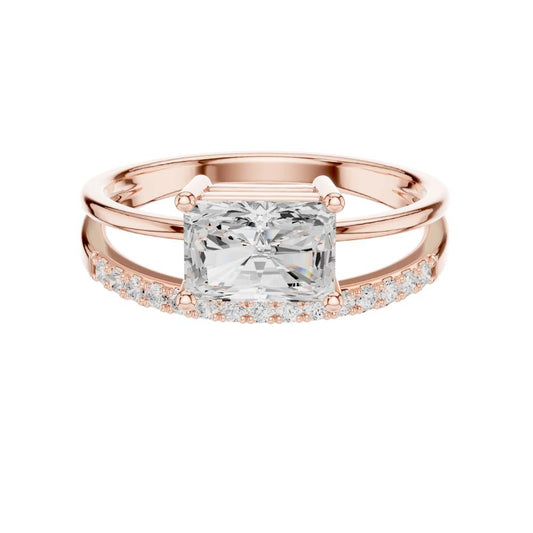 East West Radiant Moissanite Diamond Double Band Ring With Pave Band