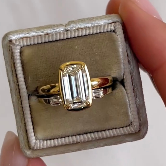 Emerald Lab Grown Bridal Ring with Baguette Side Stones