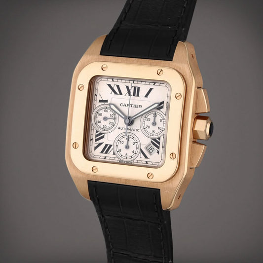 Square Chronograph Rose Tone Leather Strap Dress Watch