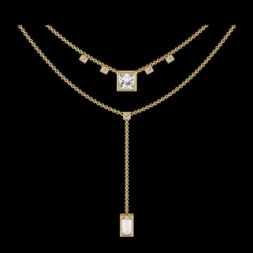 Two Layered Princess and Baguette Moissanite Diamond Lariat Necklace