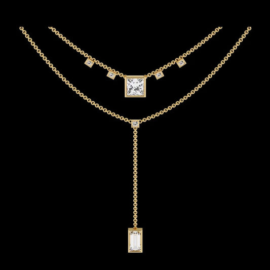 Two Layered Princess and Baguette Lab Grown Diamond Lariat Necklace