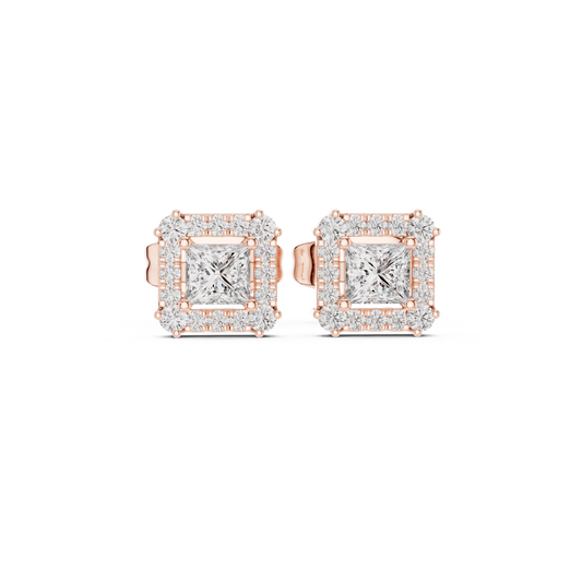 Princess Cut Moissanite Diamond Square Halo Stud Earring