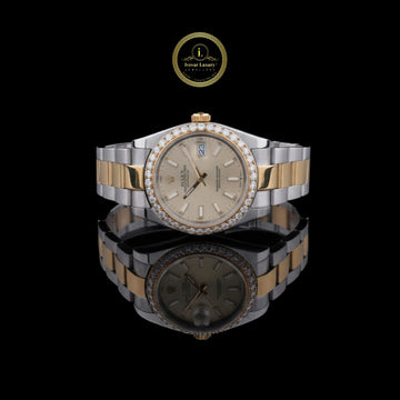 Round Cut Diamond Bezel Two-Tone Datejust Style Watch with Oyster Band