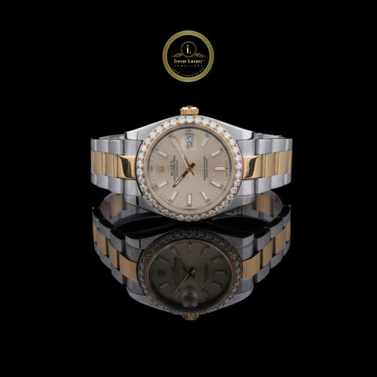 Round Cut Diamond Bezel Two-Tone Datejust Style Watch with Oyster Band